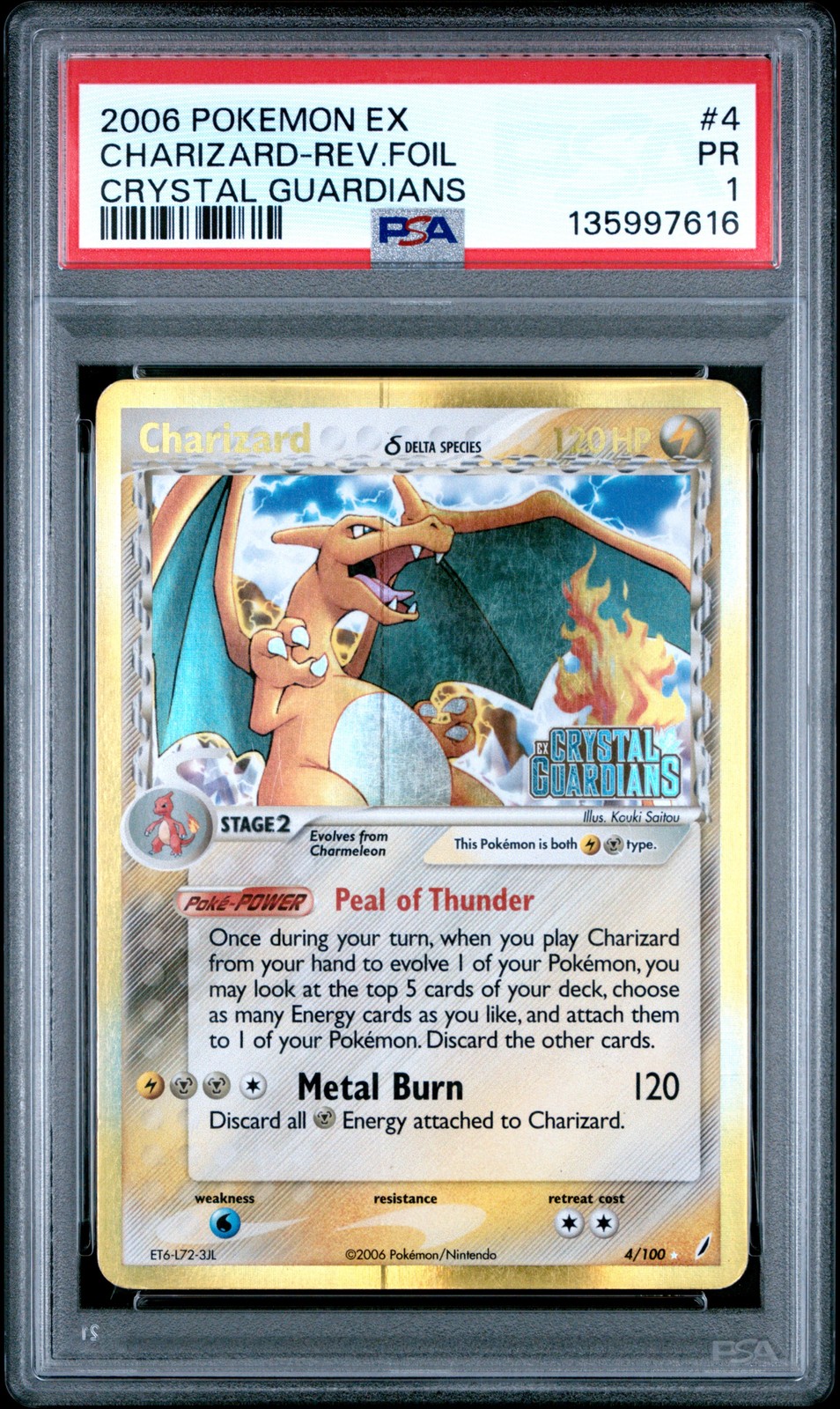 PSA 1 Charizard 4/100 Crystal Guardians STAMPED Reverse Holo Rare Pokemon Card