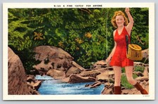 North Carolina~Fine Catch For Anyone~Lady Holding Fish~Mt Stream~Linen Postcard