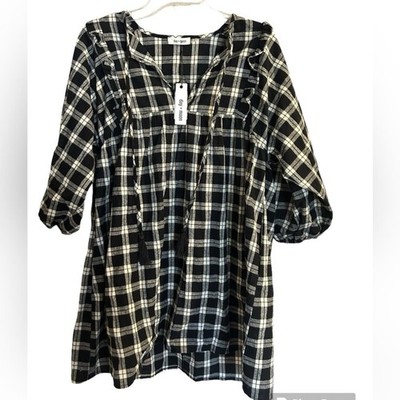 NWT Day+Moon Black White Gray Plaid Baby Doll Dress with Tassels Academia Small
