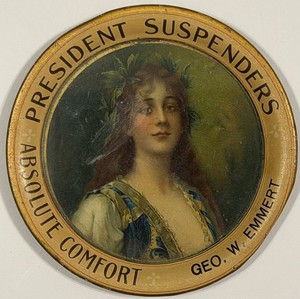 Rare Antique Presidents Suspenders Tin Advertising Tip Tray Geo. W. Emmett