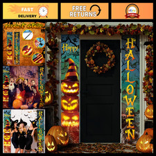 Halloween Door Decorations - 2 Pcs Evil Pumpkin  Witch Hat Porch Banner Set