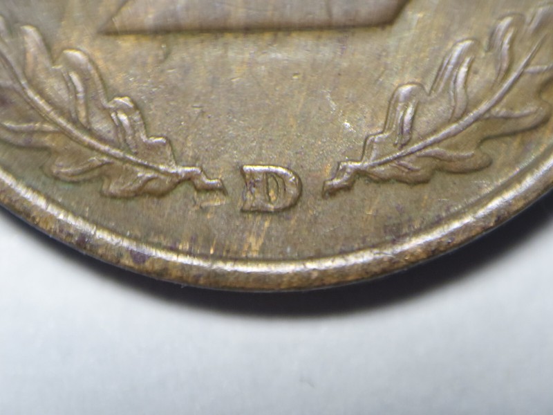Germany 1936 D 2 Reichspfennig, KM#90, AU Details, Doubled Die Reverse DDR
