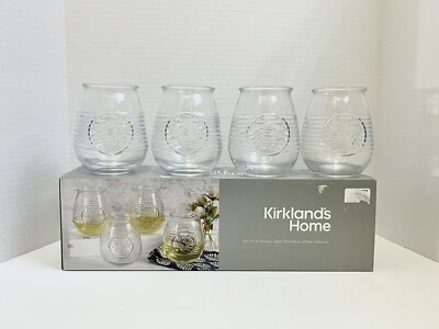 Honey Bee Clear Stemless Glasses 21 oz Wine Bumble Ribbed Mason Drinking Set New