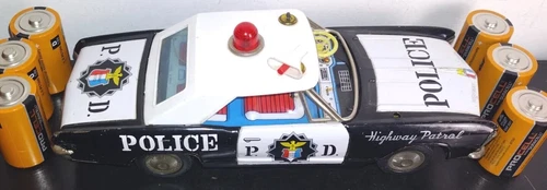 1964 Buick Riviera Tin Litho Bump n' Go Highway Patrol Police Car, Bandai WORKS!