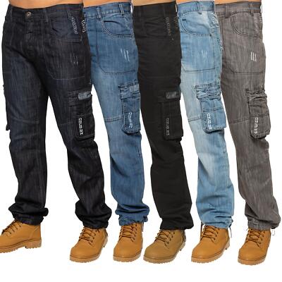 Enzo Mens Combat Jeans Casual Cargo Werkbroek Denim Broek Big Tall Alle Taille, Licht steenwassing, 34W / 34L