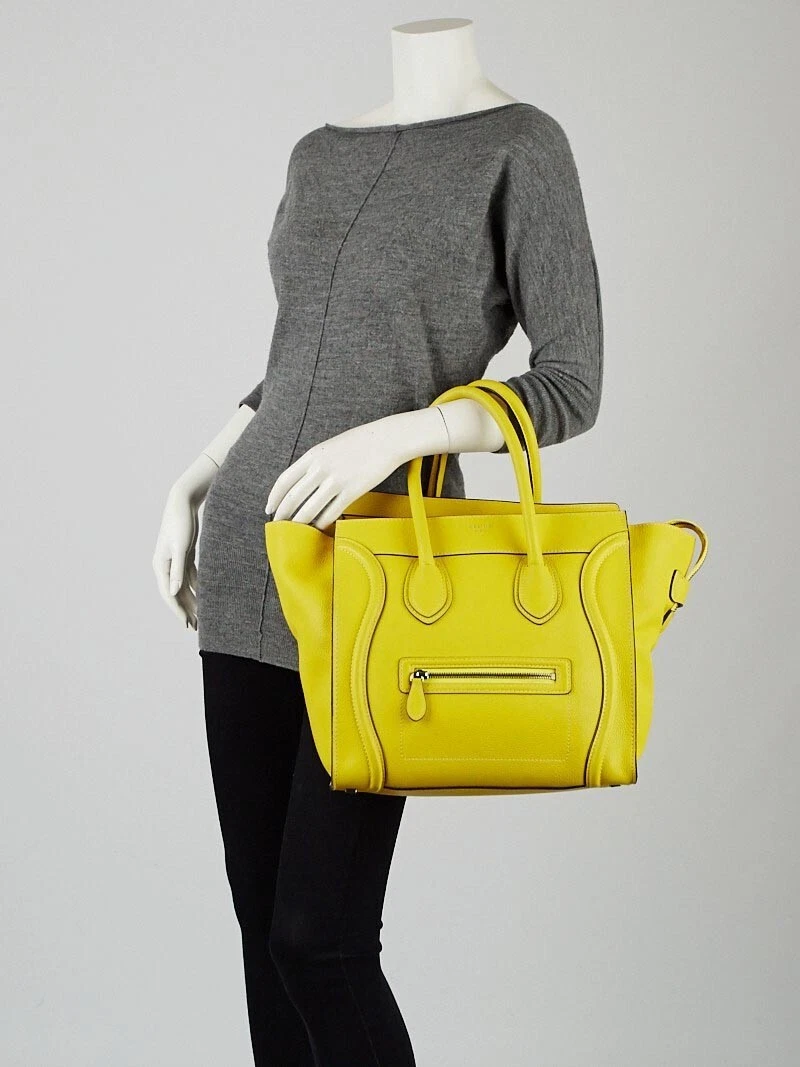 CELINE Mini Luggage Tote Citron Yellow AUTHENTIC Drummed Calfskin Bag