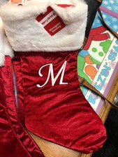 20" MERRY BRITE "M  Monogram Inital Stocking CHRISTMAS Holiday new Red  White
