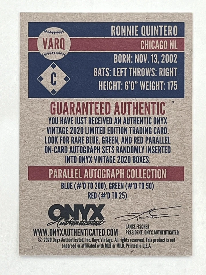 Ronnie Quintero 2020 Onyx Vintage Blue Ink Auto /200 #VARQ Sports Baseball Card - Image 2 of 2