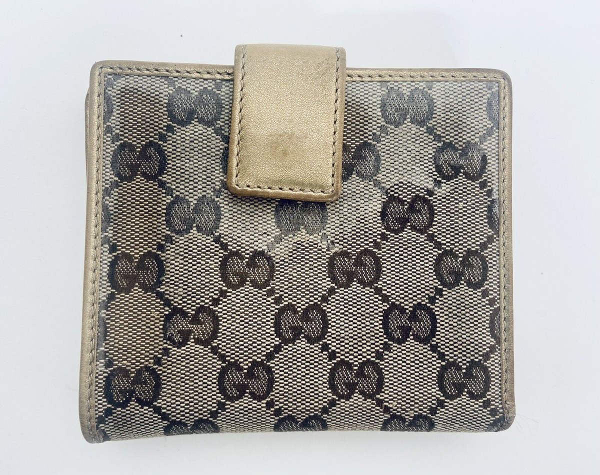 Gucci Monogram Gold Brown Canvas & Leather￼ Bifold Coin Wallet