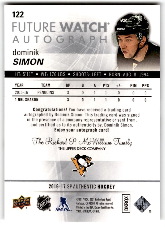 2016-17 SP Authentic Future Watch Dominik Simon Rookie Auto /999 #122 Pittsburgh - Image 2 of 2