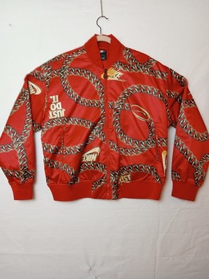 Nike Jacket Mens Medium Red Gold Chain Print Just Do It Swoosh Bomber CI9996-657