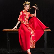 Chinese Traditional Bride Wedding Dress Set Women Embroidery Red Tops with Skirt