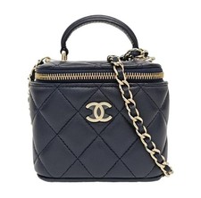 Auth Chanel Mini Vanity Navy Leather Gold Chain Top Handle Crossbody Bag