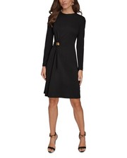 Donna Karan Sheath Dress 4 Black Long Sleeve Ruched Hardware Trim NWT $159