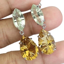 925 Sterling Silver Earrings Pear Citrine 32ct Green Amethyst Handmade Gemstone