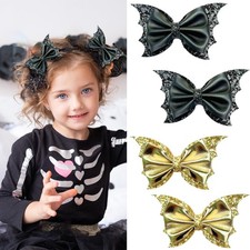 4 PCS Halloween Bat Wing Hair Bow Clips Glitter Faux Leather Girls Women