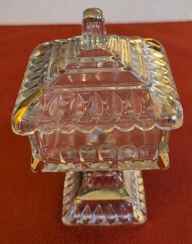 Vintage Jeanette Clear Glass & Gold Covered Pedestal Wedding Box 6”