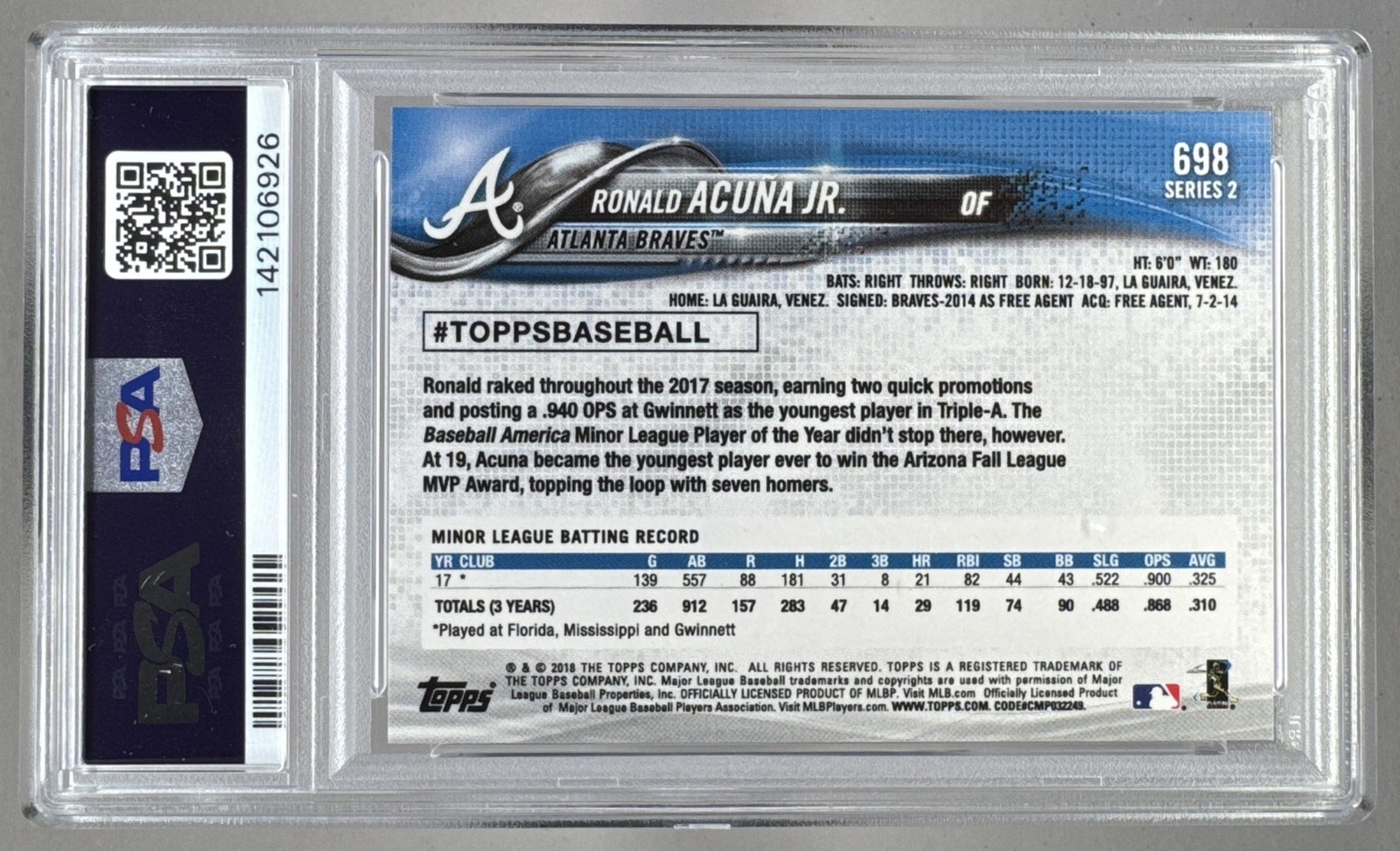 142106926 Ronald Acuna Jr 2018 Topps #698 Bat Down RC Rookie SP PSA 10 view 2