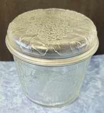 VINTAGE PRESSED GLASS ETCHED LEAVES & FLOWERS PATTERN LIDDED CONTAINER-EXCELLENT