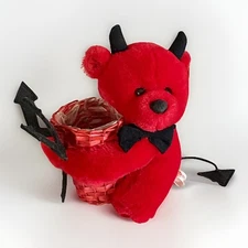 Valentine’s Day PBC International Red Devil Bear Plush Basket Planter vintage 6”