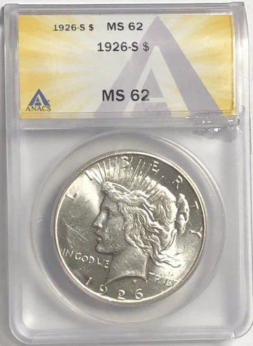 1926 S PEACE "ANACS MS62"- STUNNING HIGH POINTS, HAIR /PEACE/EAGLE, A MUST 💥 ✅