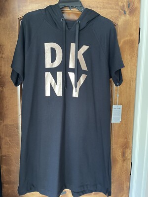 NWT! Women's DKNY Sweatshirt Dress Black with Gold Letters Size Large | eBay