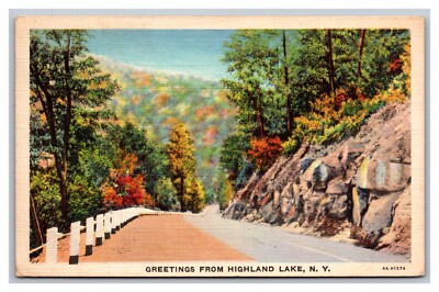 Greetings from Highland Lake New York Landscape View Linen Postcard Posted 1938