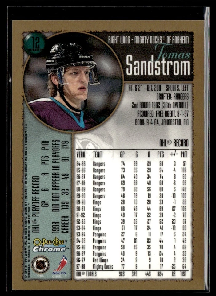 1998-99 O-Pee-Chee Chrome Tomas Sandstrom Anaheim Mighty Ducks #12 - Image 2 of 2