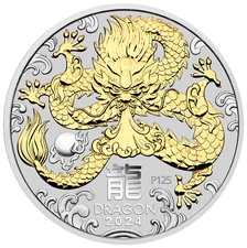 2024 Australia Lunar Year of the Dragon GILDED 1oz Silver $1 Coin w/OGP/BOX Gilt