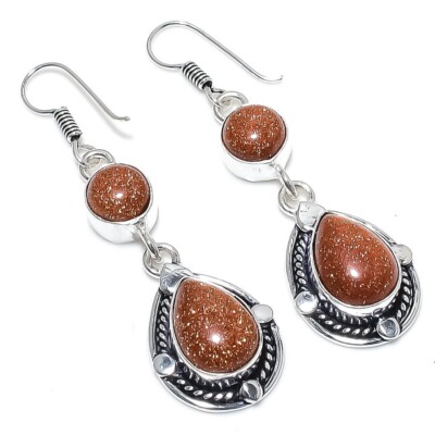 Red Goldstone Gemstone Handmade 925 Sterling Silver Jewelry  Earring Sz 1.90''
