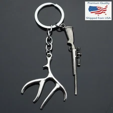 Hunting Rifle Scope & Deer Antler Themed Charms Keychain Key Ring Chain Gift