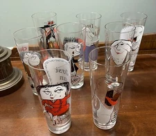 Osborne Kemper Thomas Cartoon Graphic-Gold Accents Collins Bar Glasses-MCM Set-8