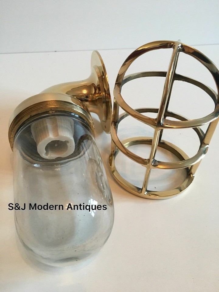 Luminaire Murale Extérieur Vintage Industriel - Projecteur Cage Laiton Et Verre - Style Bateau