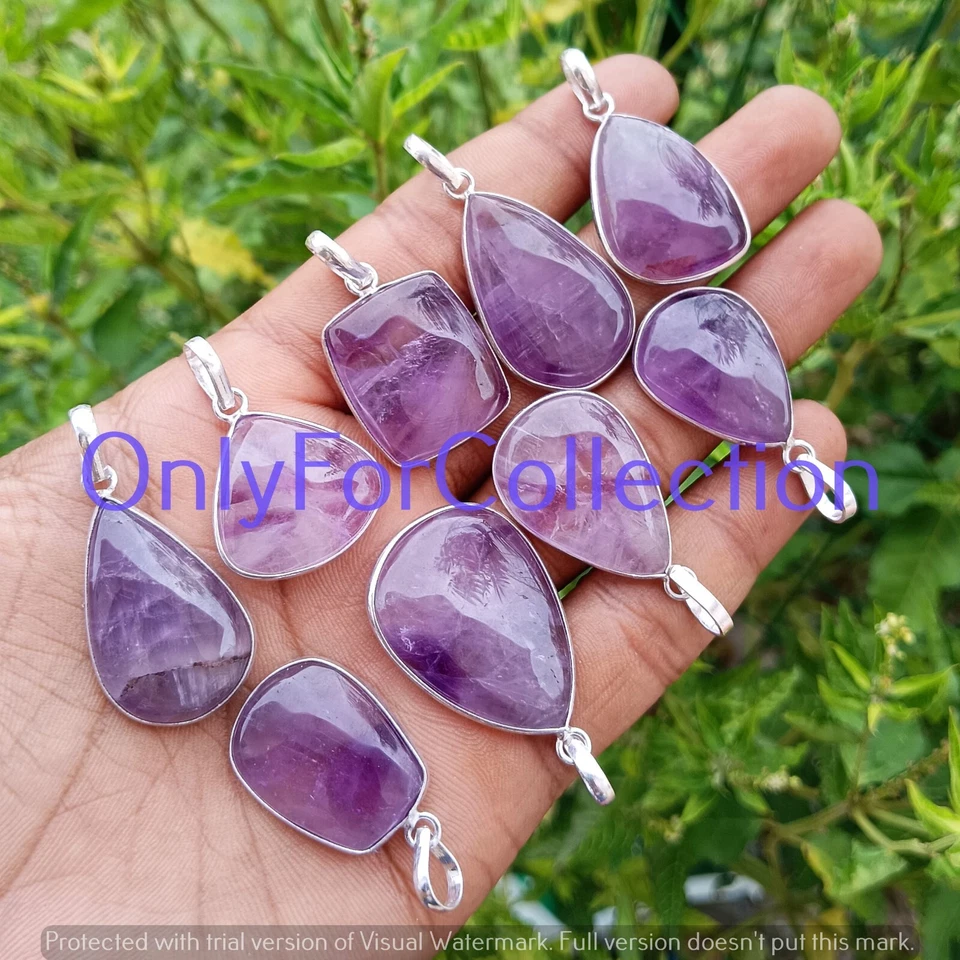 销售紫水晶宝石 925 条纹镀银批量吊坠珠宝首饰 10 件 — 第 3/4 张图片