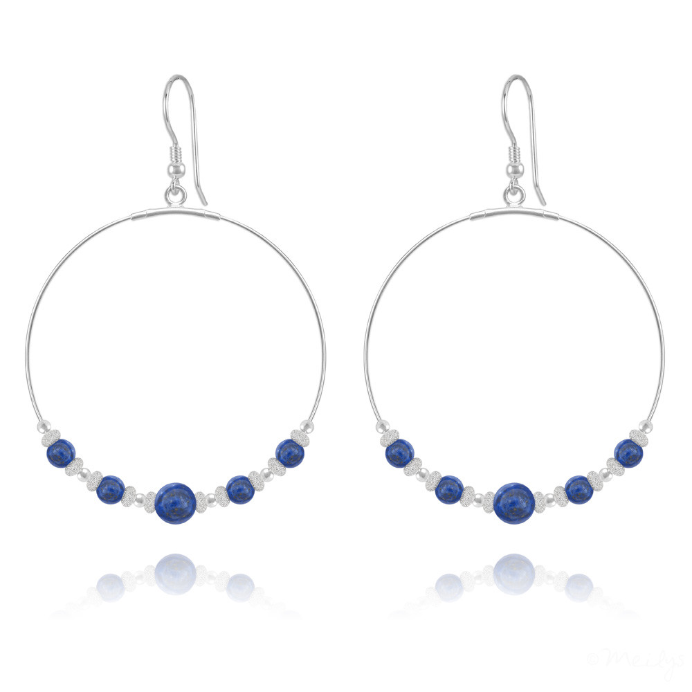 Boucles d'oreilles créoles perles lapis lazuli argent massif 925 véritable