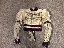 Antique Victorian Cream Silk Bodice Purple Velvet Leg o Mutton Ruffles Lace