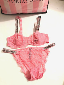 Victoria's Secret Wicked Shine Strap Bra Bikini Set Very Sexy Lace Pink Roses