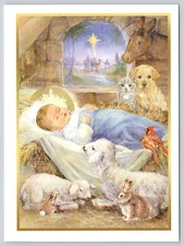 Greeting Card Dog Cat Cardinals Sheep Bunny with Jesus in the Manger Bethlehem