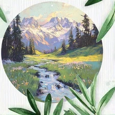 Round Mountain Landscape Aluminum Wall Art Pine Trees Wildflowers 2D Flat