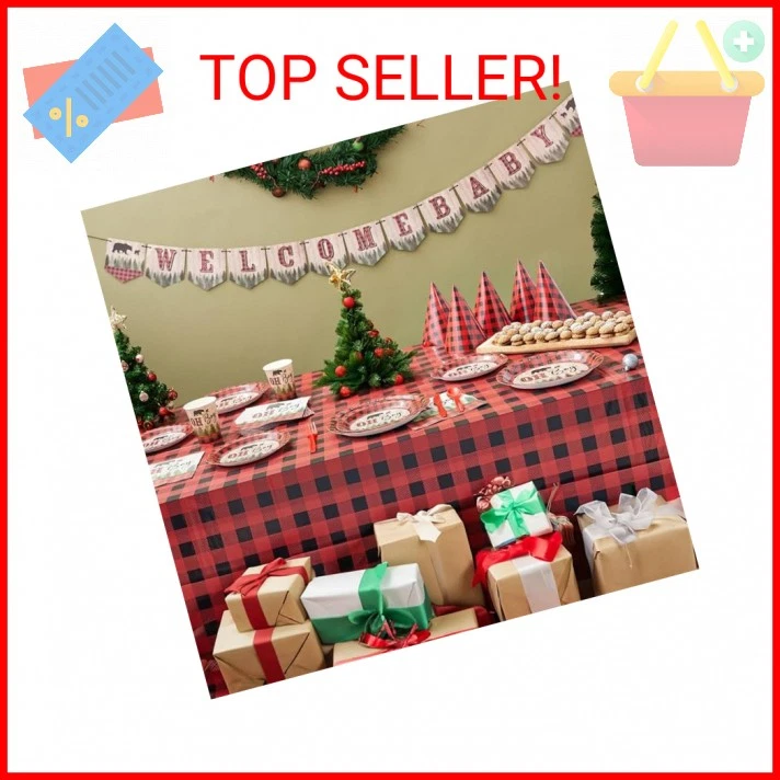 Decoraciones de baby shower 94 piezas - Suministros de fiesta a cuadros de búfalo rojo y negro y ta Foto 2 de 2