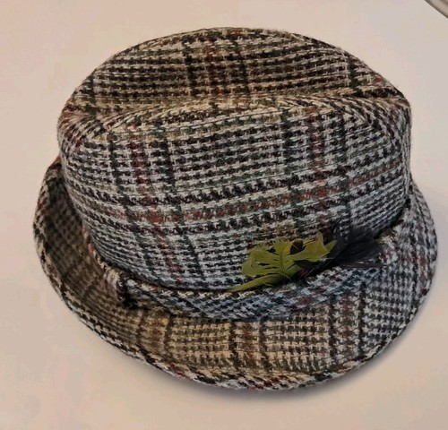 Dobbs Hand Woven Hat Size 7 Harris Tweed Scottish Men's Vintage Plaid Feather - Picture 8 of 13