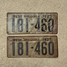 1927 West Virginia License Plate Pair Auto Tag Ford Model T Chevy Dodge 181 460