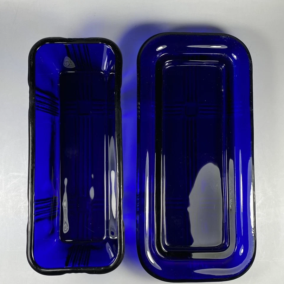 Plato de mantequilla de vidrio de cobalto entrecruzado de la era de la depresión Hazel-Atlas de colección ~ ¡Bonito! Foto 3 de 4