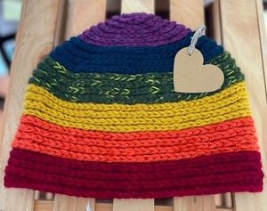 Handmade Crochet PNW Rainbow Striped Beenie 100% Wool, Cashmere Adult Sz L / XL