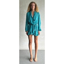 Rocco Sand Long Sleeve Cari Short Mini Dress Womens Size Large Teal Blue New
