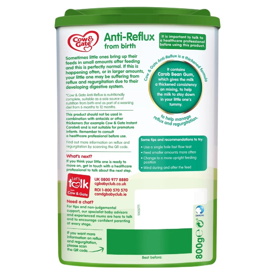 4 x 800g Cow & Gate Anti-Reflux Baby Milk Formula Sutiable From Birth - Image 3 of 4