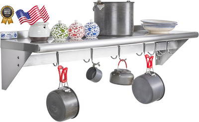 HALLY Stainless Steel Shelf with 6 Hooks 12'' X 48'' Wall Mounted Pot Rack, NSF Co