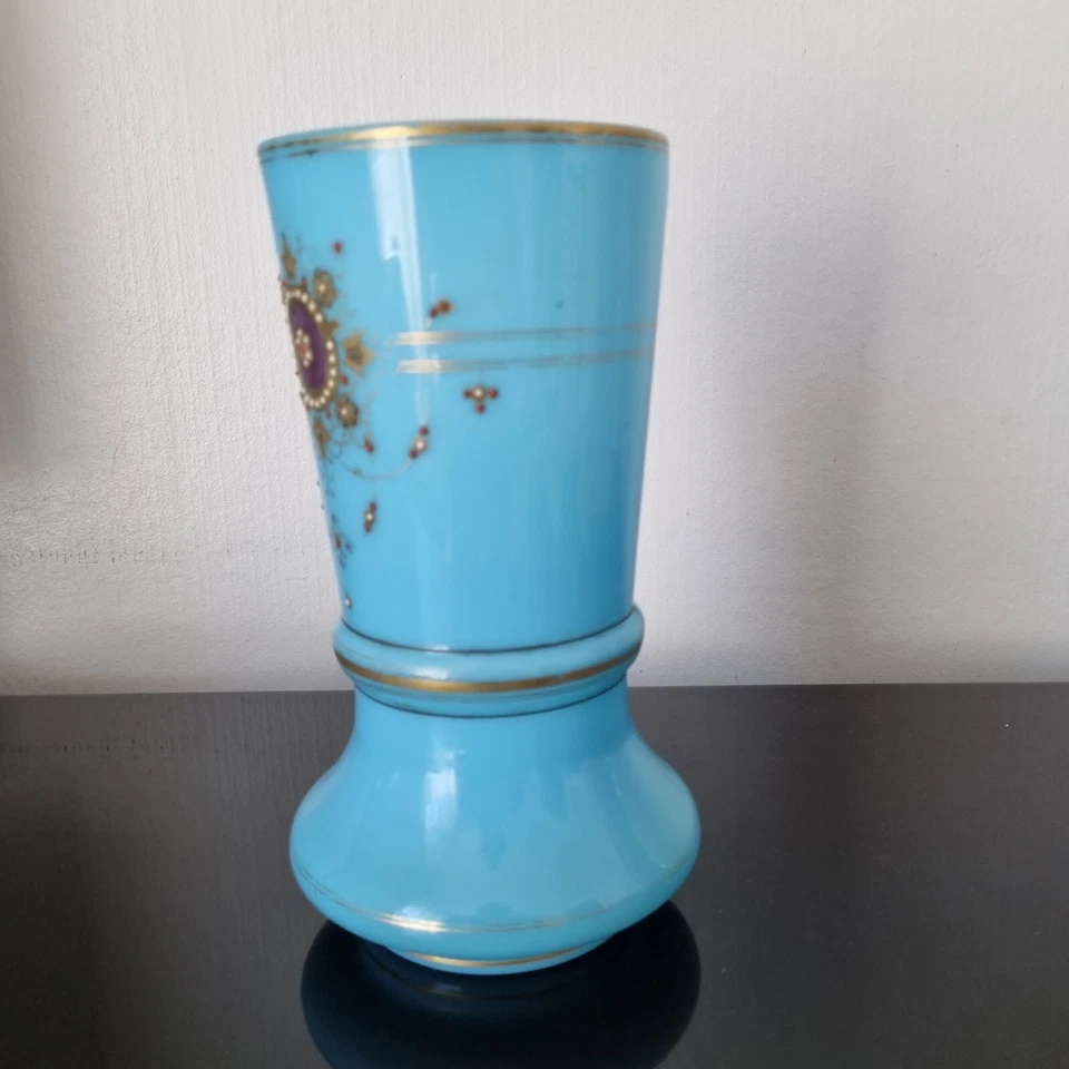 Vase Ancien en Opaline XIXè Bleu Turquoise Emaux Bressans Victorian 19thC Blue - Photo 3/4