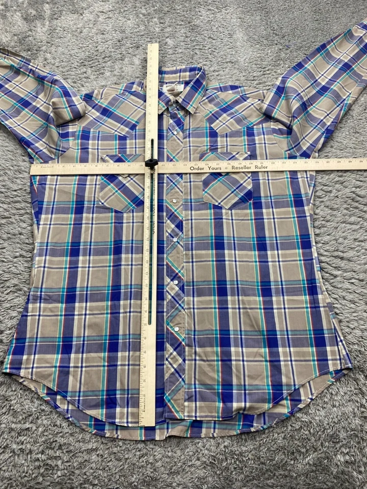 Vtg Ruddock Shirt Men 17.5-34 Extra Long Tail Gray Plaid Western Pearl Snap USA - Image 4 of 4