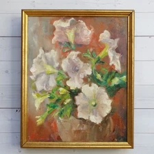 1950s Still Life Oil Painting PETUNIAS D. Tufts O/C & Leonard Baskin Engraving